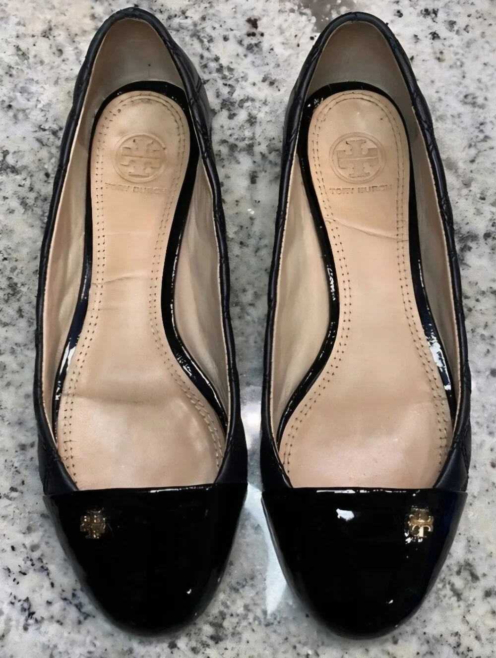 Tory Burch Black Patent Leather Logo Cap-Toe Flats